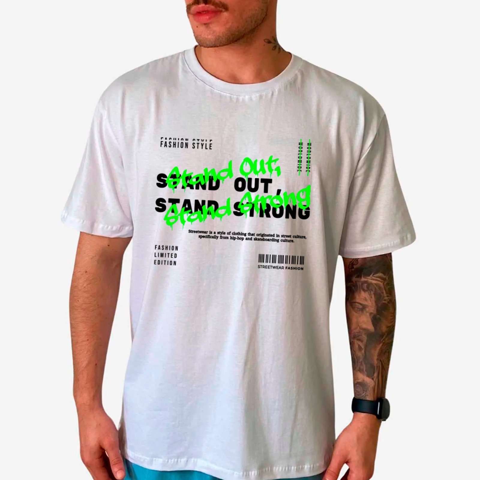 Camiseta Ousy Streetwear Stand Out Stand Strong Neon Verde Oversized Branco
