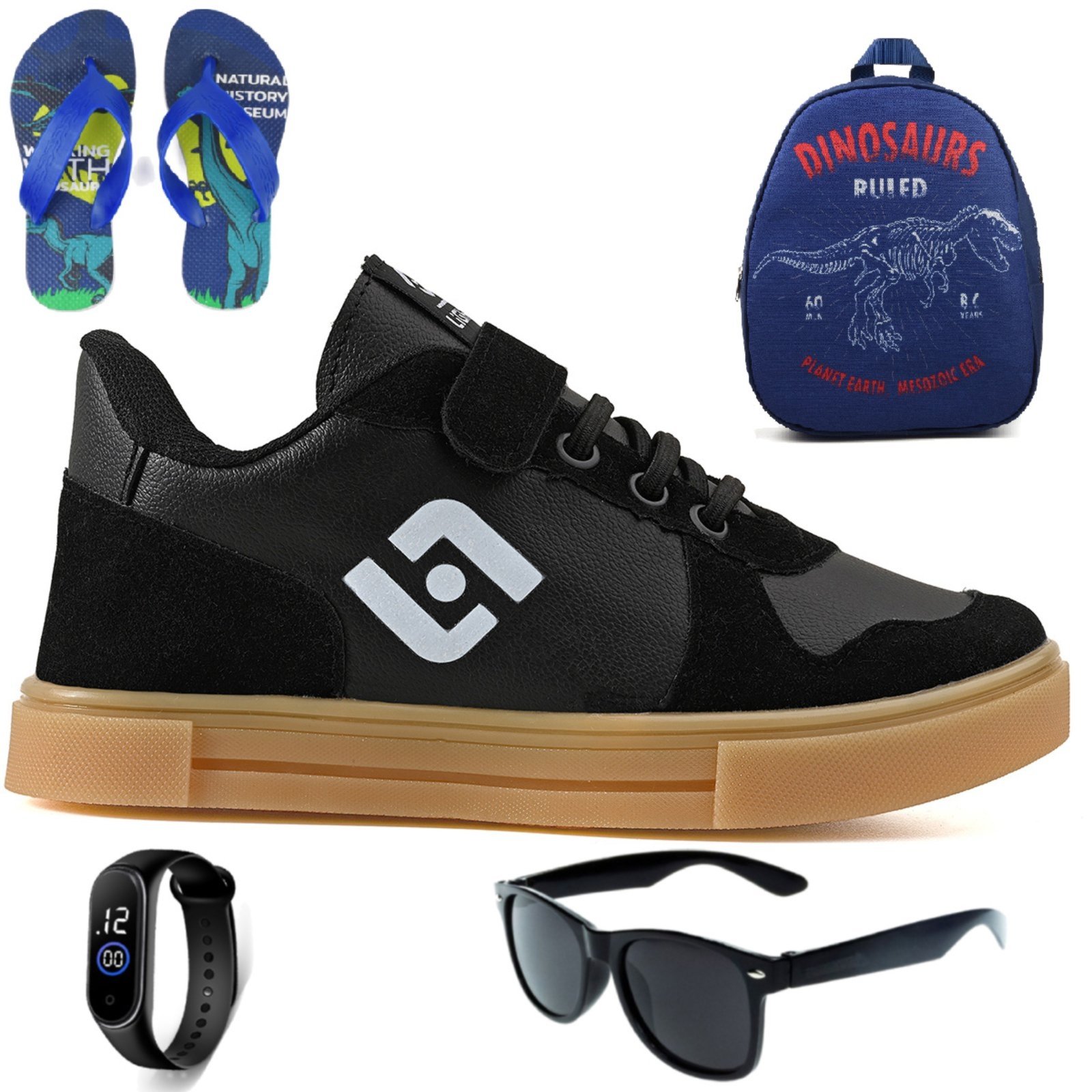 Infantil – Tenis Casual Meninos Street Escolar Confortavel Preto + Mochila Chinelo Oculos e Relogio