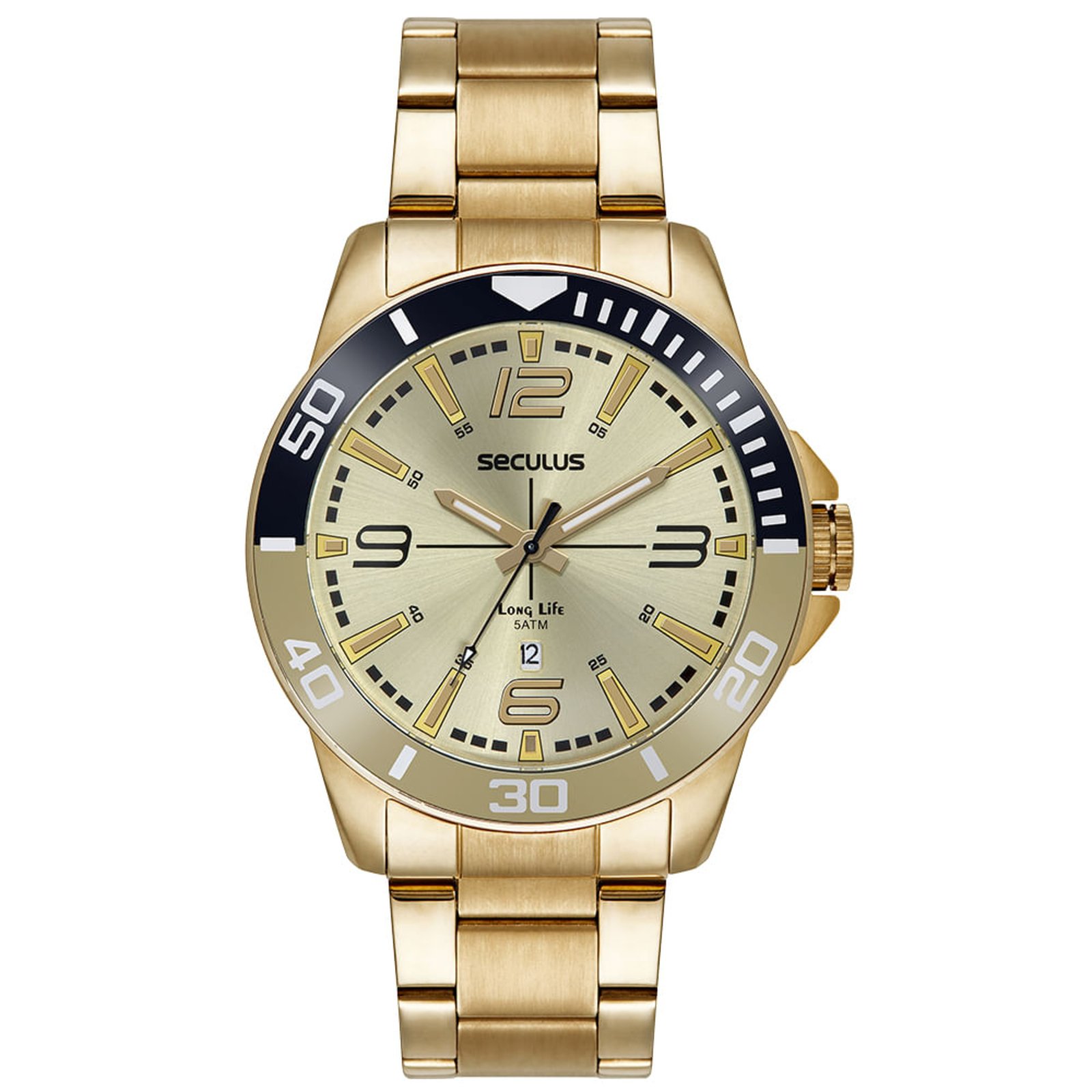 Relógio Masculino Aço Catraca Bicolor E Calendário Dourado Seculus