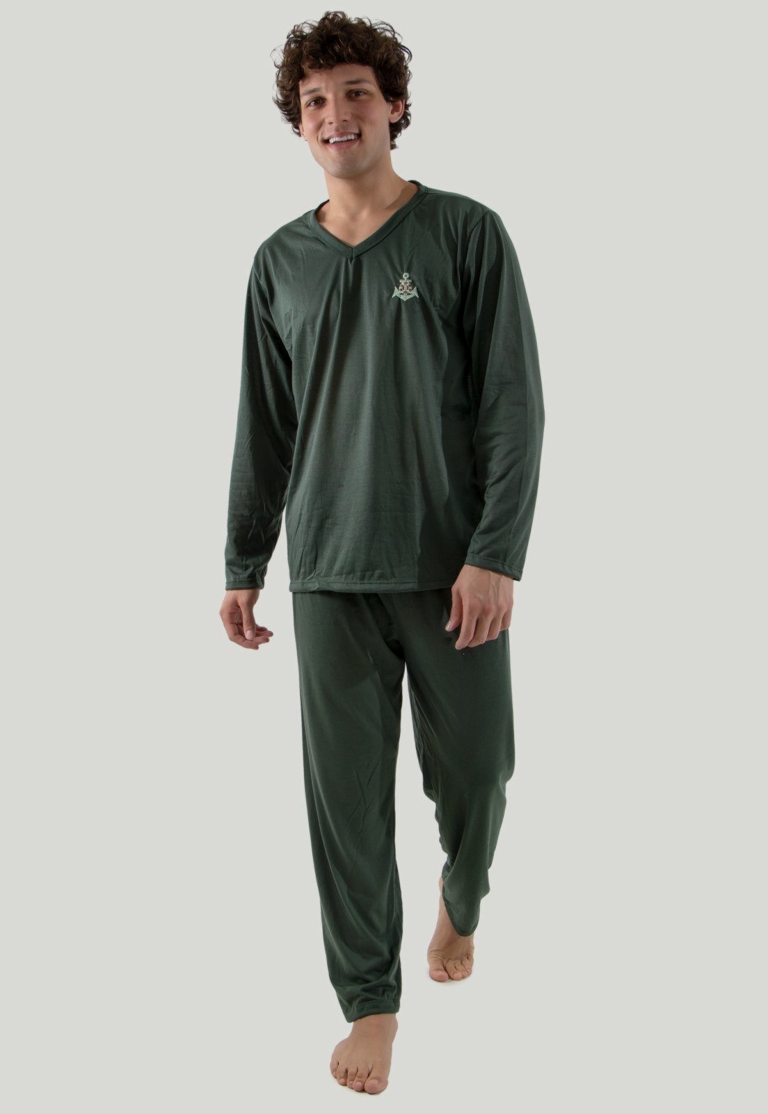Pijama Longo Masculino Linha Noite Malha Calça Verde Escura