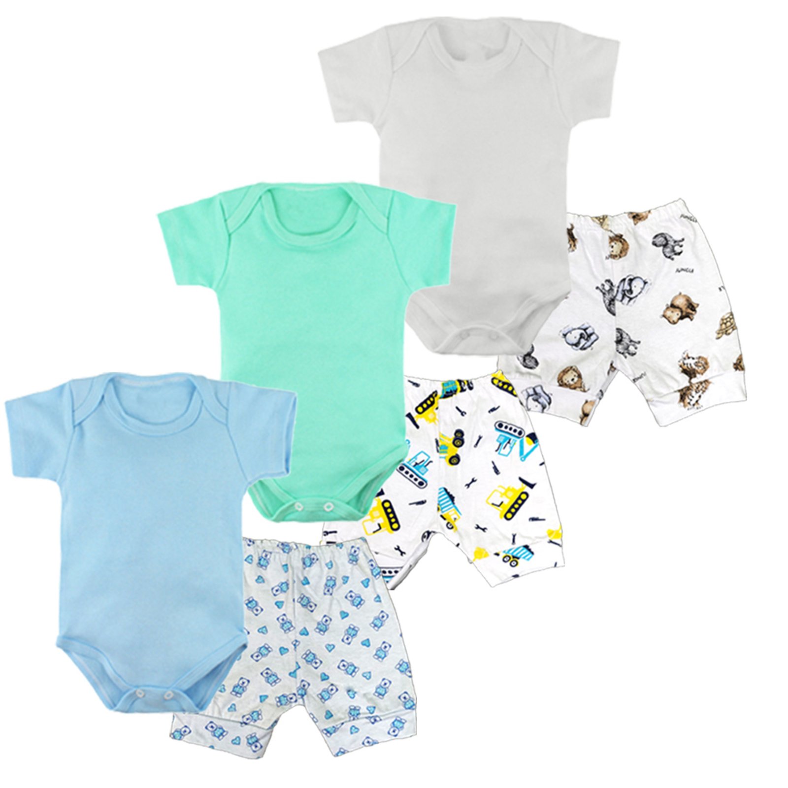 Infantil – Kit Enxoval Verão Body Manga Curta e Short Estampado 6 Pçs Azul