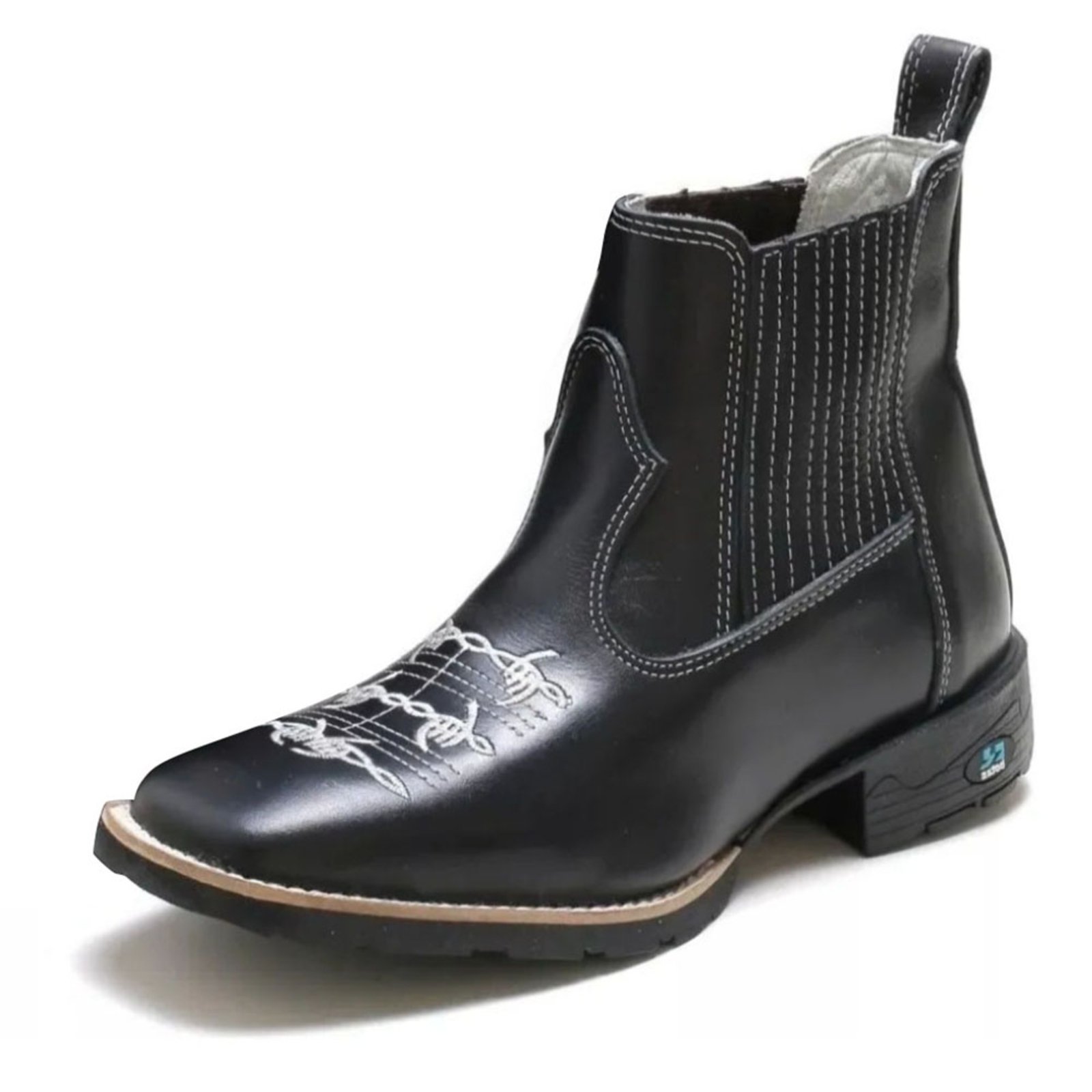 Bota Feminina RR Botas Texana Country Couro Bordado Arame Bico Quadrado Preto Branco