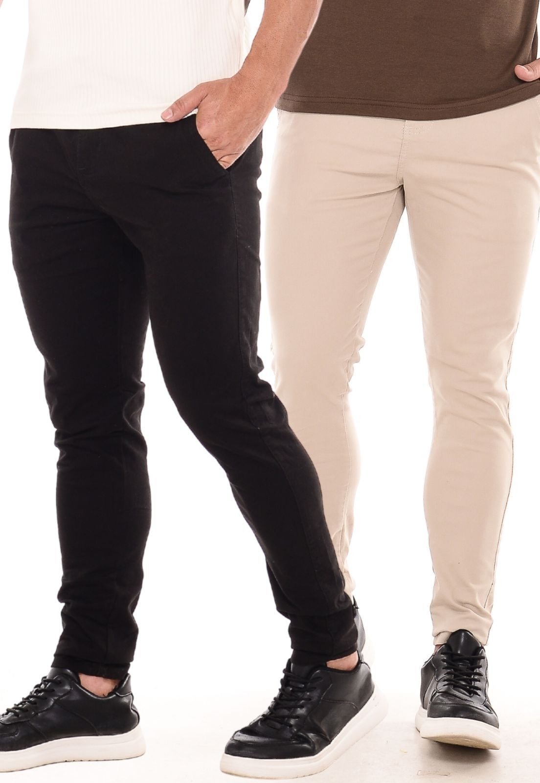 Kit 2 Calças Sarja Masculina Ethereal Jeans Confortável e Estilosa Preto e Bege