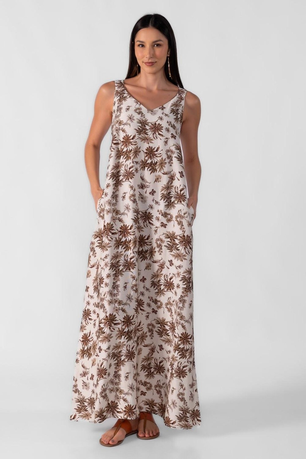 Vestido longo amplo fluido estampado Marrom
