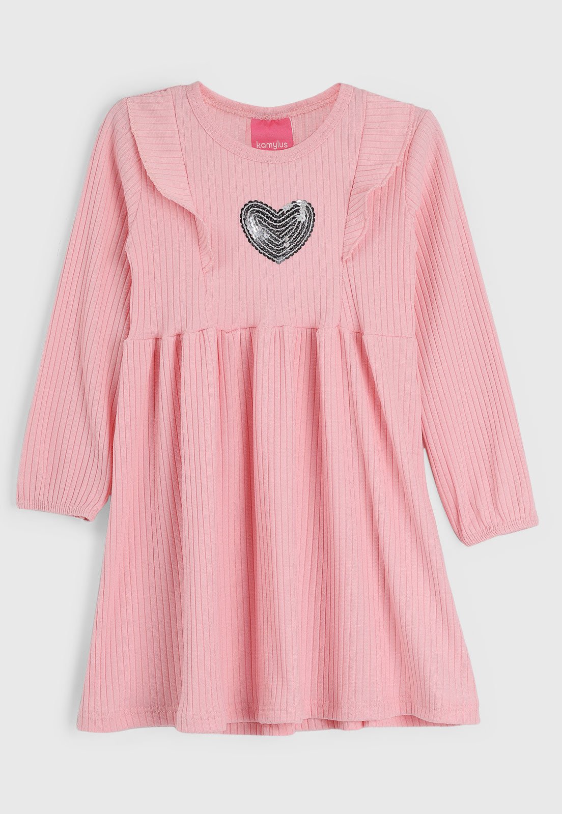 Vestido Kamylus Canelado Babado Rosa