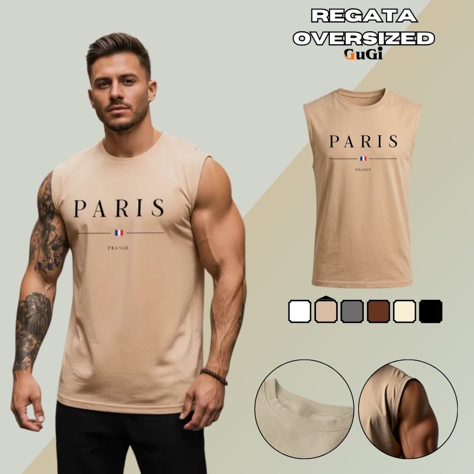 Camiseta Regata Masculina Oversized Estampada Cidade Paris 100% Algodão 30.1 Cáqui