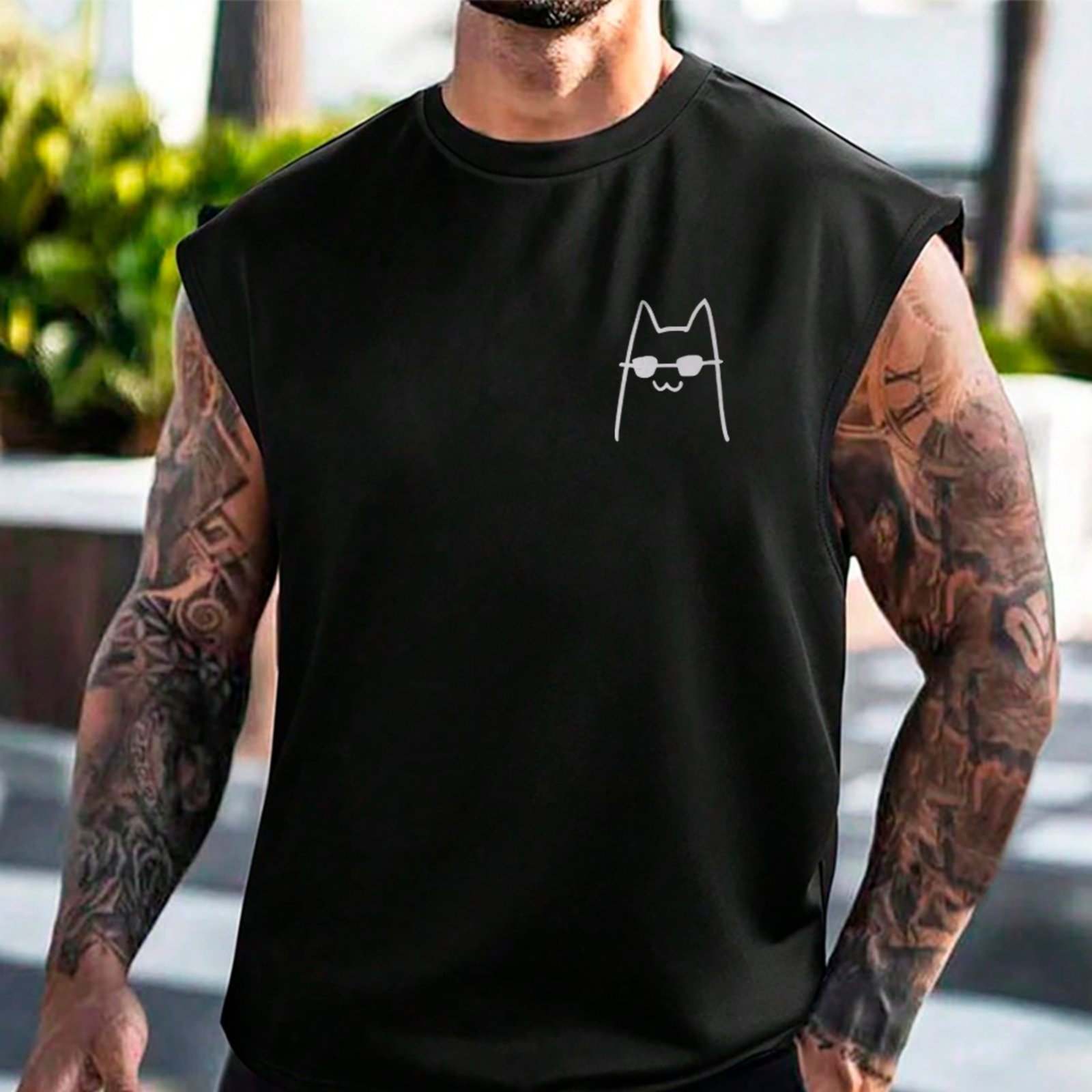 Camiseta Regata Machão Gato Desenho Minimalista Moda Streetwear Preto