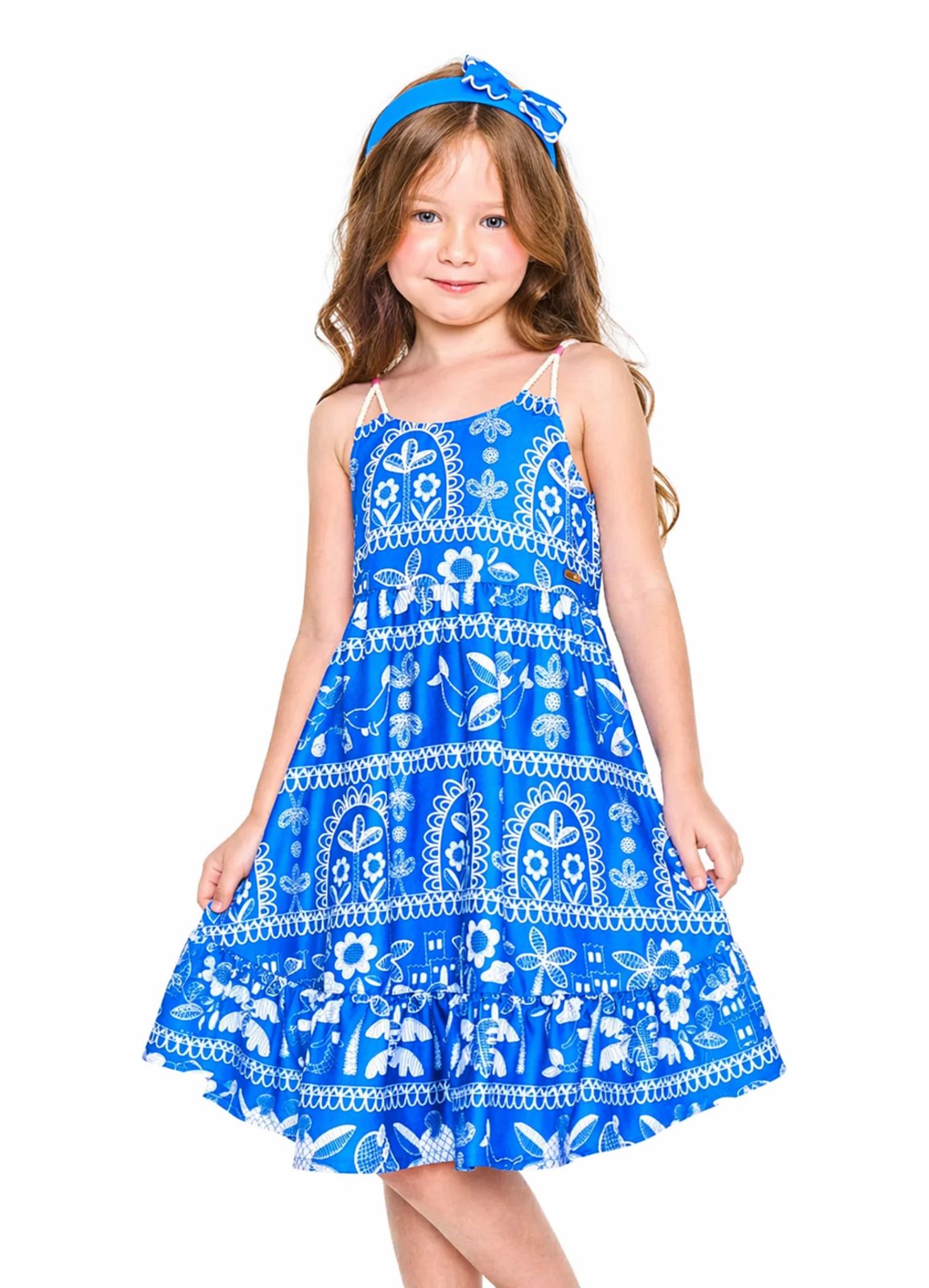 Infantil - Vestido Estampa No Litoral Florido com Detalhe Azul