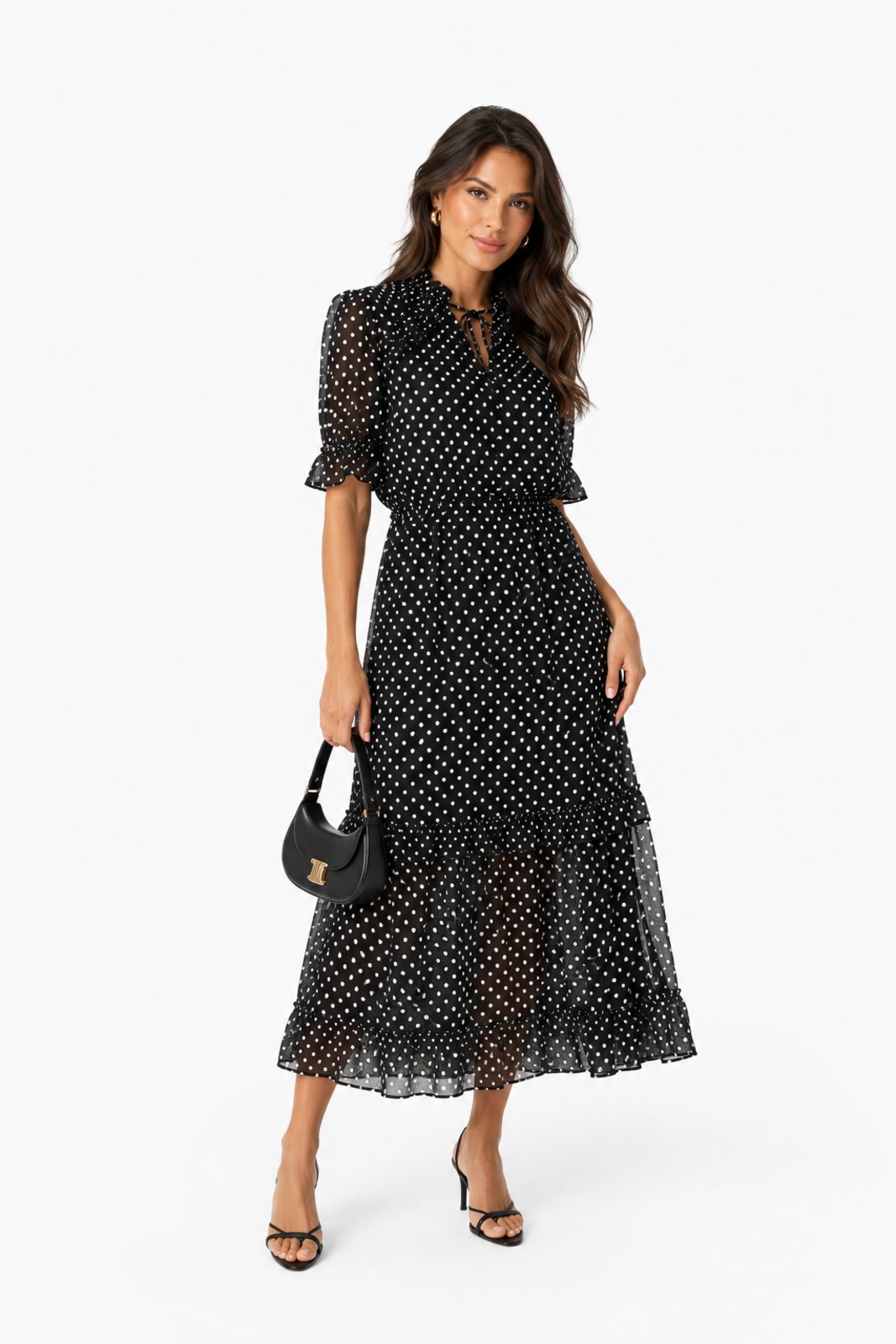 Vestido Midi D Bell Outlet Fashion Chiffon Poá Vintage Preto