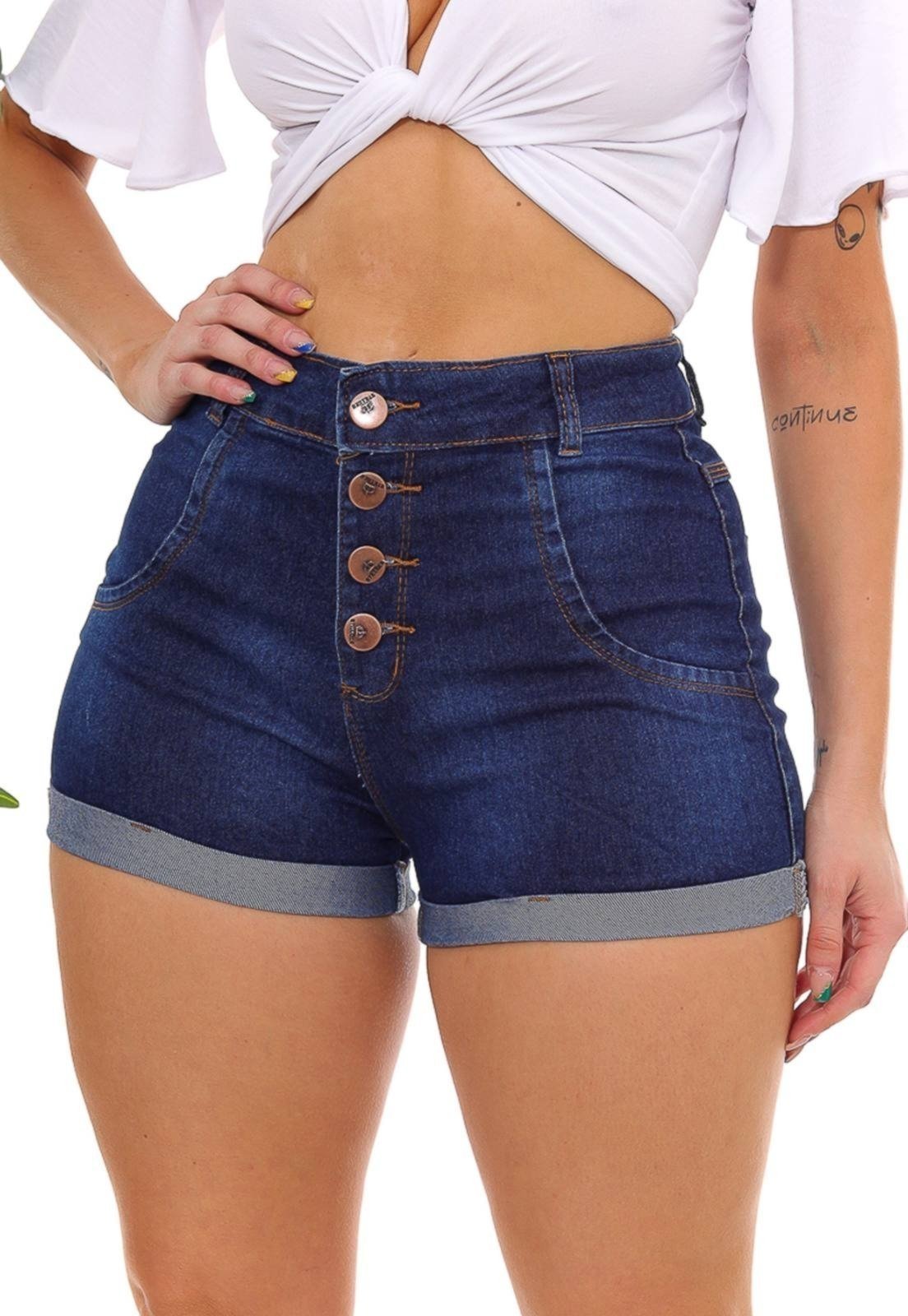 Shorts Jeans Feminino GARAIS MODA Azul Escuro Elegante Com Quatro Botões Confortável Tecido Premium