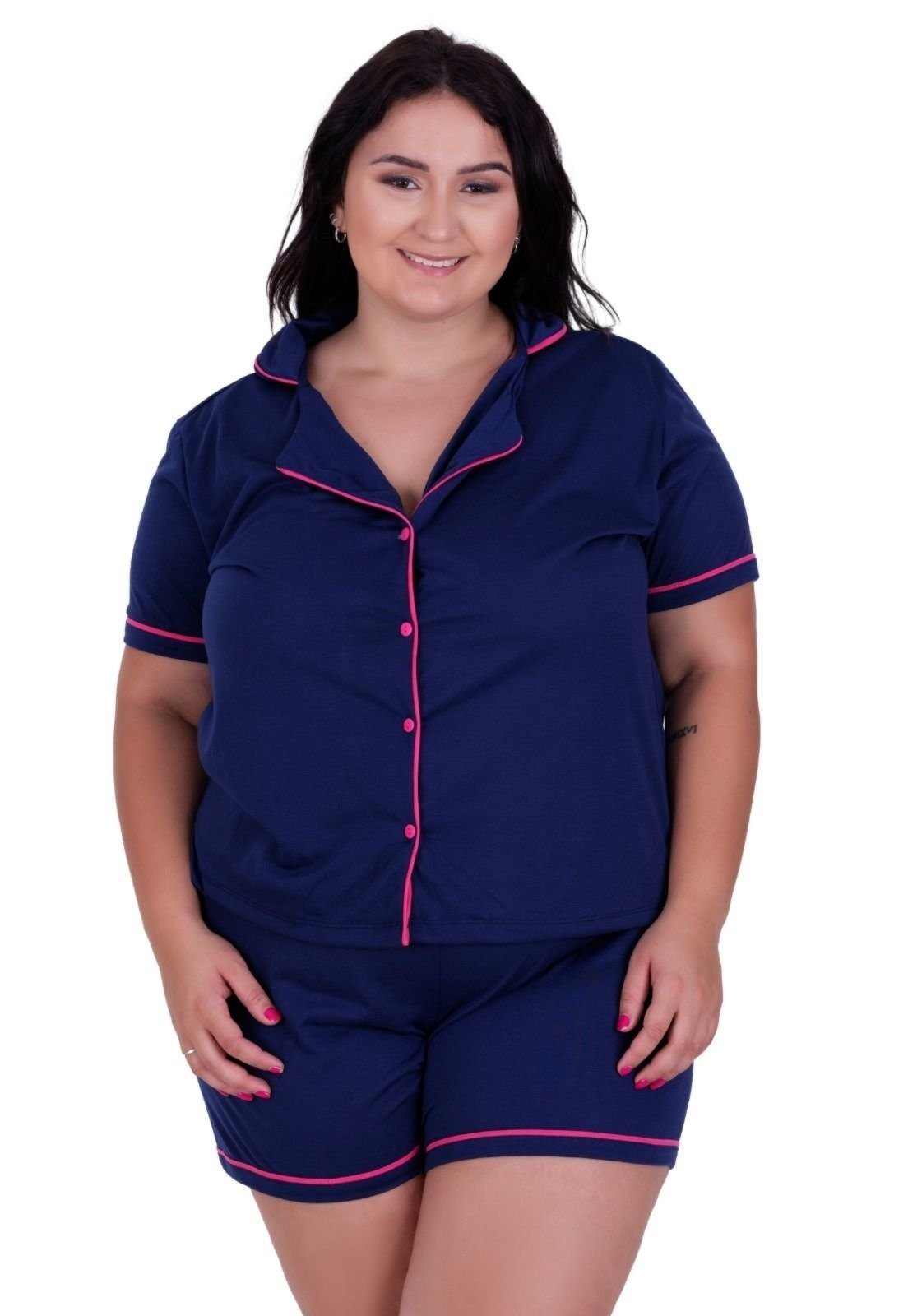 Pijama Americano Plus Size Blusa com Botões que Abrem e Short 50 52 54 56 Marinho