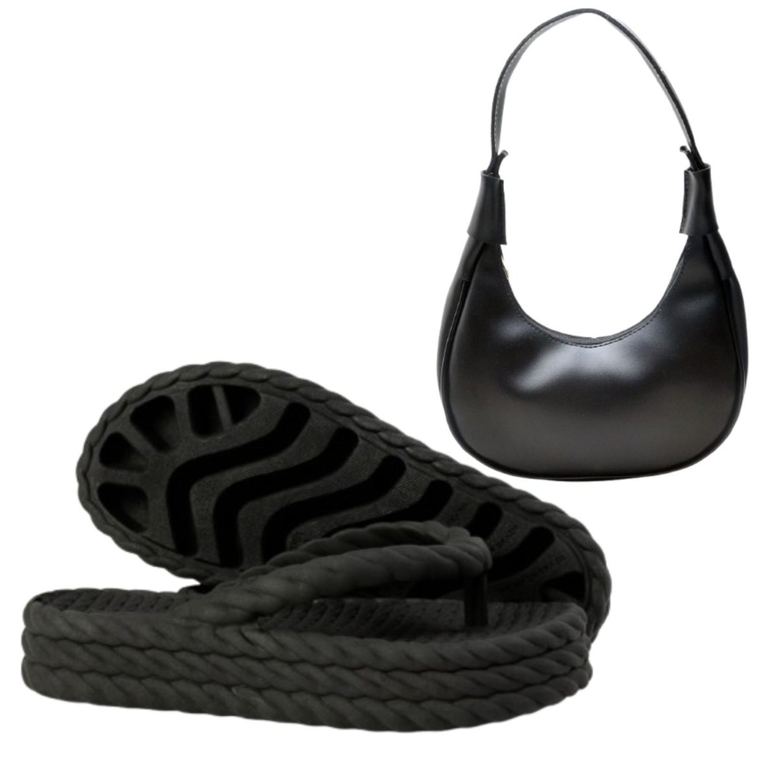 Kit Chinelo Feminino Anna Andrade Plataforma Casual De Dedo Flat E Bolsa De Ombro Preto