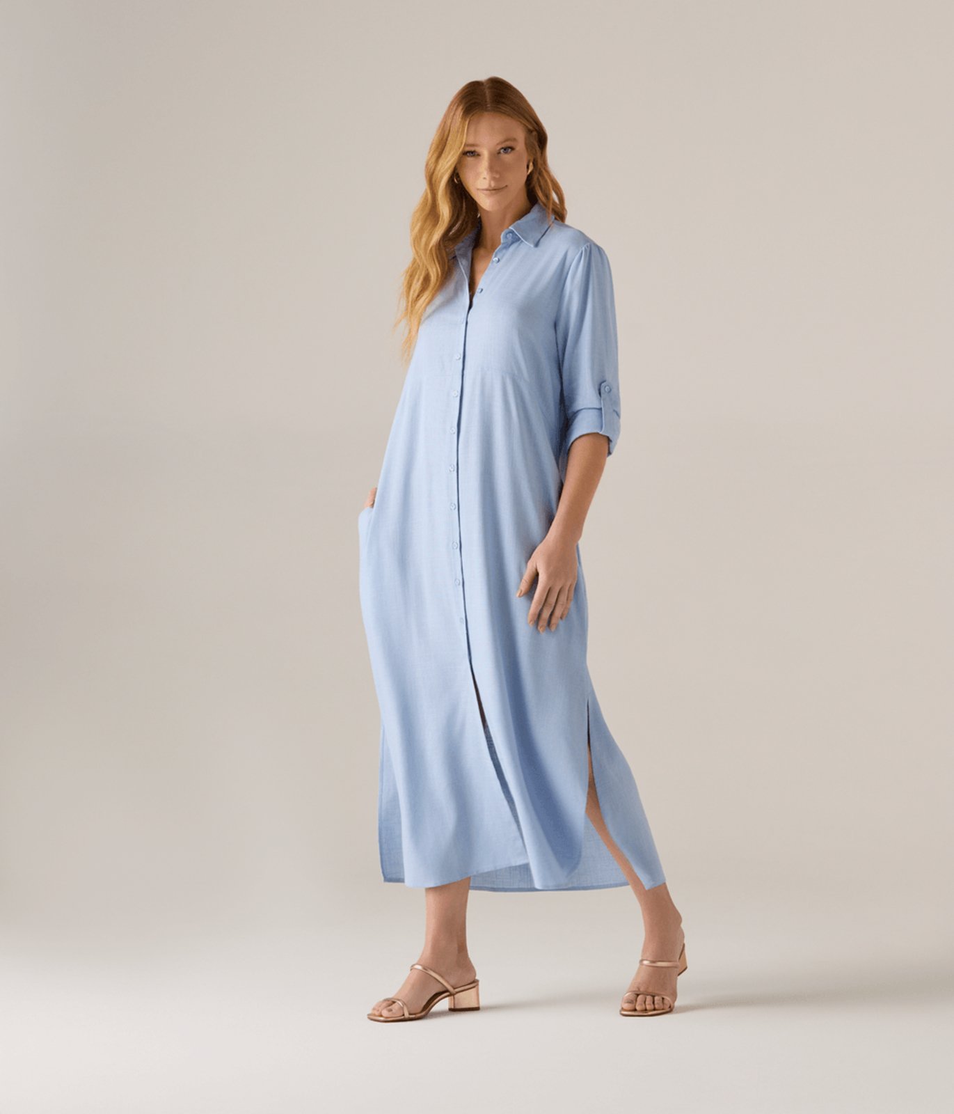 Chemise Makenji Manga Longa Com Martingale Feminino Azul Claro