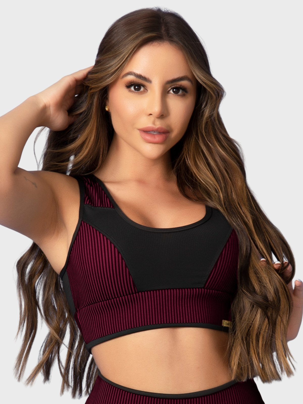 Top Fitness Tarelles Alça Larga 3D Forrado Preto e Bordô