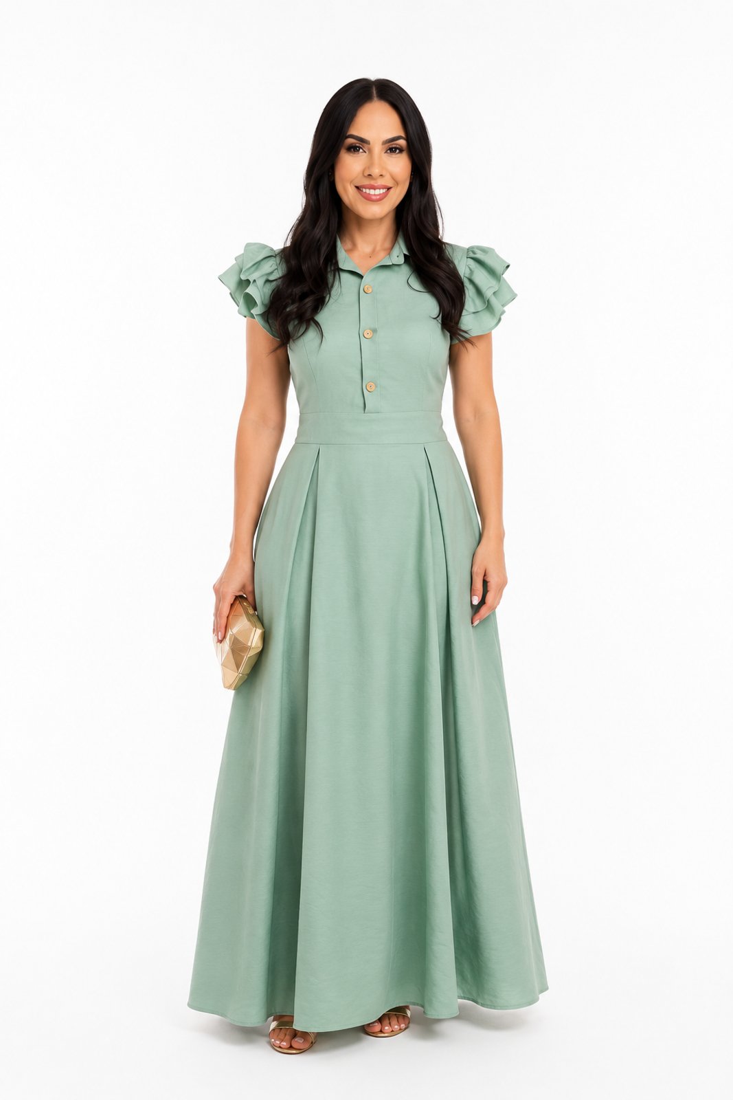 Vestido Feminino D Bell Outlet Com Botão Verde