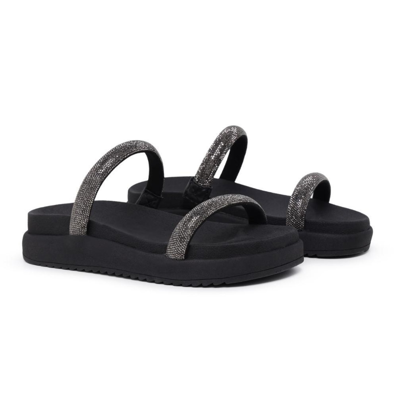 Sandália Feminina Papete Flatform Strass Confortável Tiras Branco 33 Preto