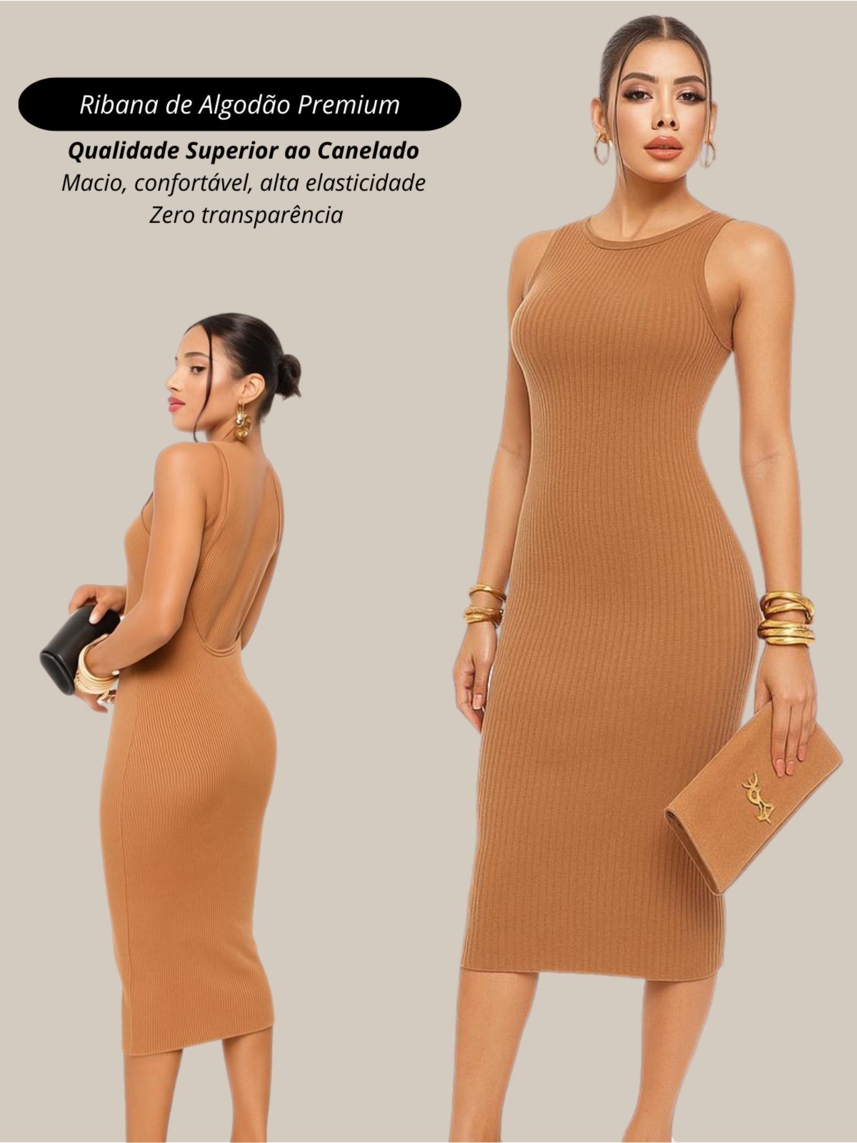 Vestido Feminino Costa Nua Chocolate Sem Manga Midi Noite Festa Social Canelado Ribana Premium Justo Colado Apertado