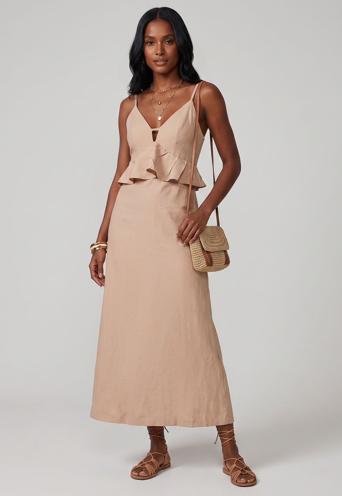 Vestido Midi Lez a Lez Alças Finas Decote V Bege