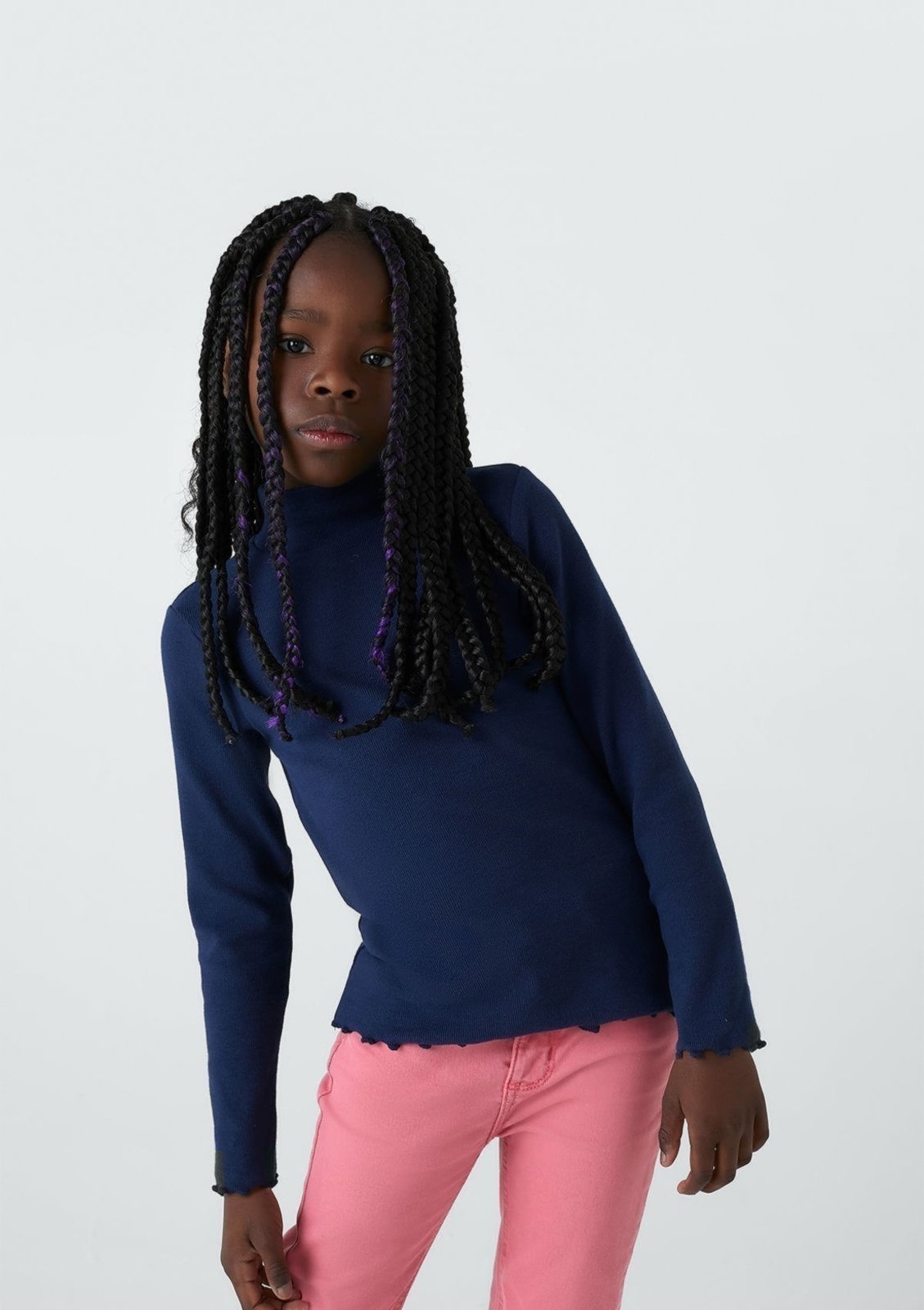 Infantil - Blusa Básica Menina Gola Alta Em Ribana Com Fru-fru - Azul
