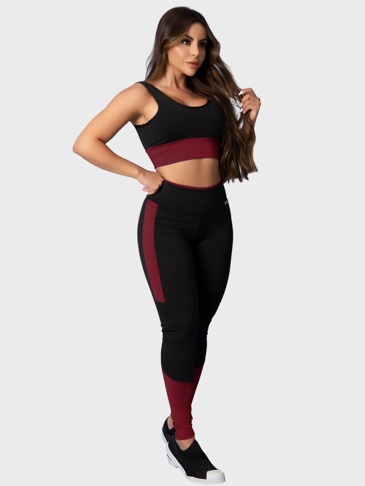 Conjunto Fitness Tarelles Top Calça Legging Cintura Alta Preto e Bordô