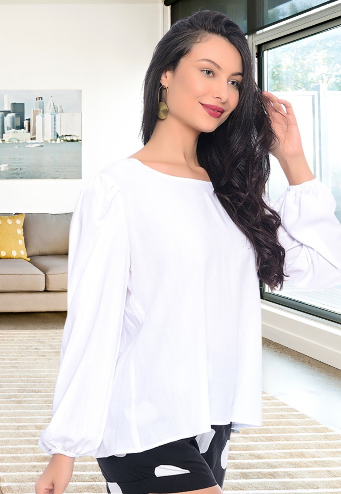 Vista 3 Blusa Bata Decote Redondo B'Bonnie Vânia Branca branco B'Bonnie branco