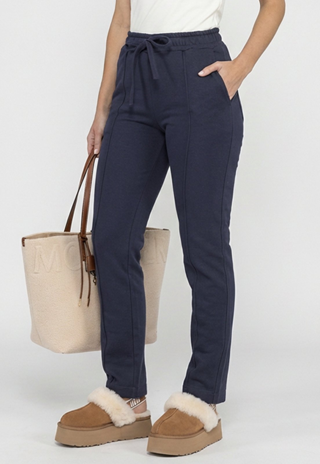 Calça Feminina Moletom Cintura Alta Elástico com Cordão Bolsos Azul