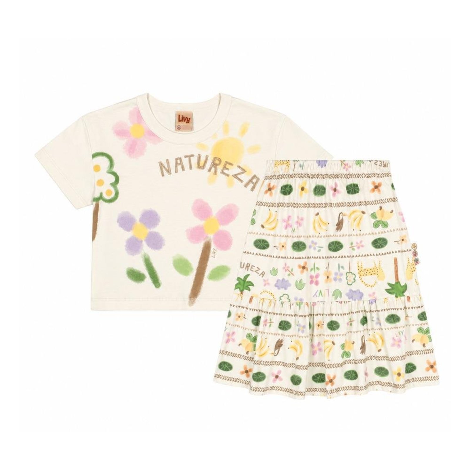 Infantil - Conjunto Feminino Camiseta Saia Estampa Natureza Livy Creme 10 Amarelo