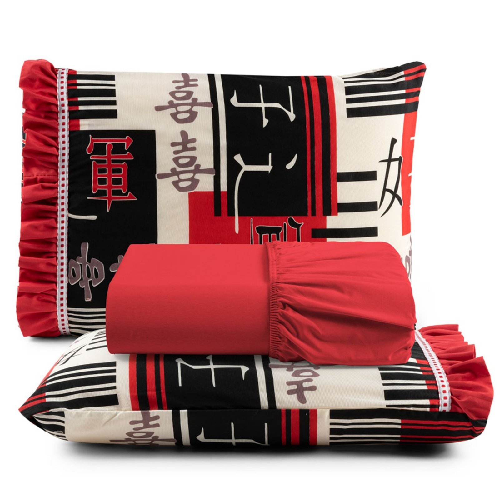 Jogo Cama Lençol Fiore Casa Scarpa Casal Padrão Estampado 180 Fios 100% Algodão com Babadinho 3 Peças Vermelho Oriental Japonês