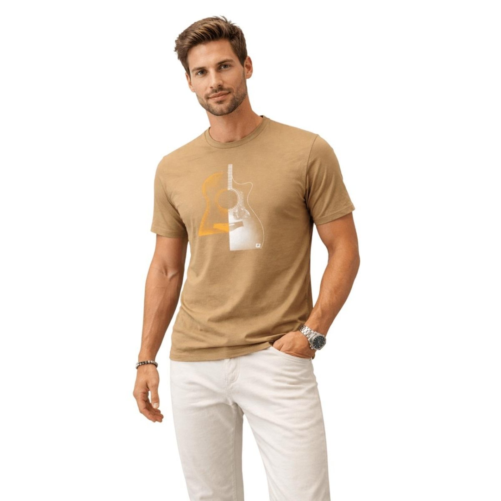 Camiseta Básica Manga Curta Masculina Fico B5013 Bege