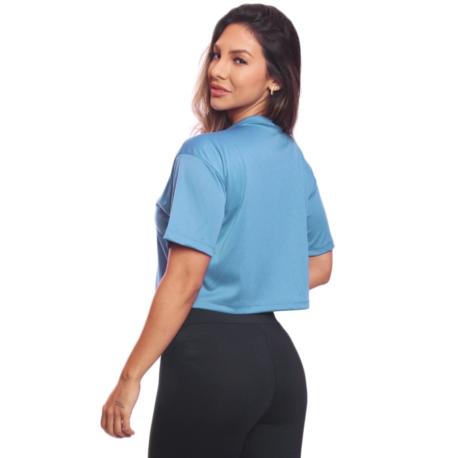 Vista 3 Cropped Manga Curta Feminino Dry Proteção UV Blusa Blusinha Academia Treino ADRIBEN azul ADRIBEN azul