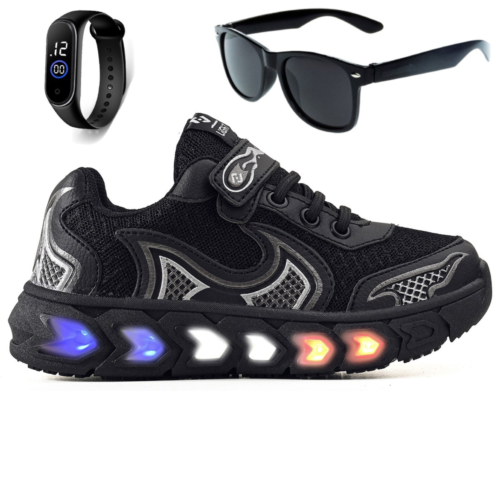 Infantil – Tenis de Led Meninos Jogger Casual Escolar Macio Preto + Oculos e Relogio