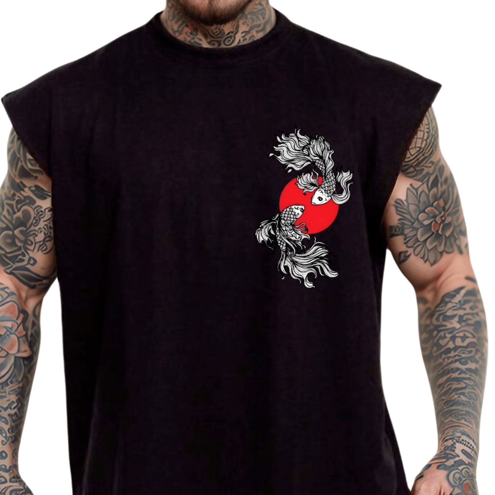 Camiseta Regata Machão Ousy Peixes Koi e Sol Nascente Oversized Masculina Preto