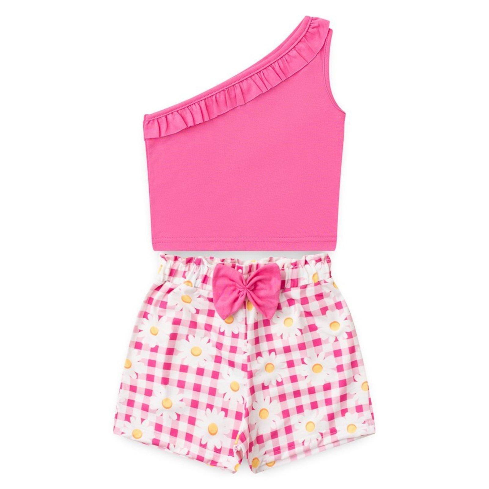 Infantil - Conjunto Verão Menina Rosa Cropped um Ombro só e Shorts Clochard Margaridas Xadrez