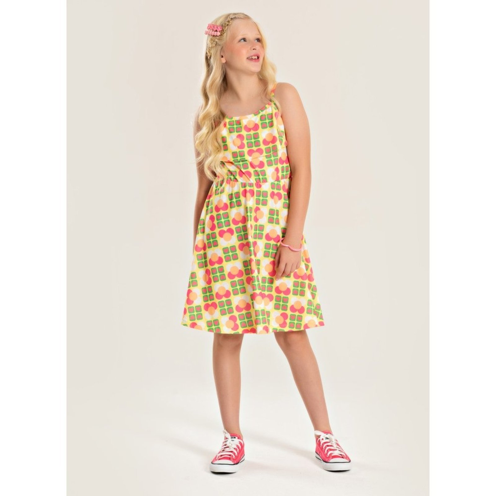 Infantil – Vestido Alcinha Verão Menina Amarelo Florzinhas Geométricas