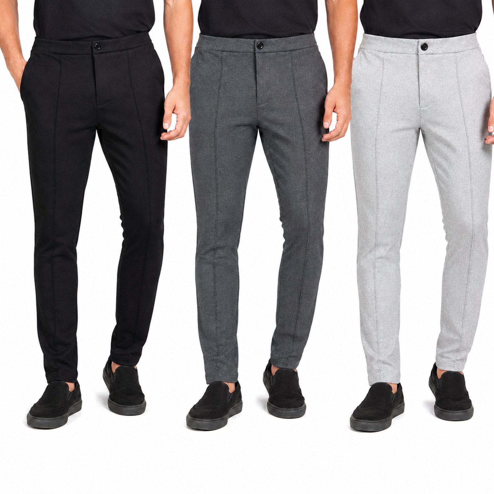 Kit 3 Calças Masculinas Skinny Moletom Social Alfaiataria Preto Cinza Claro e Chumbo