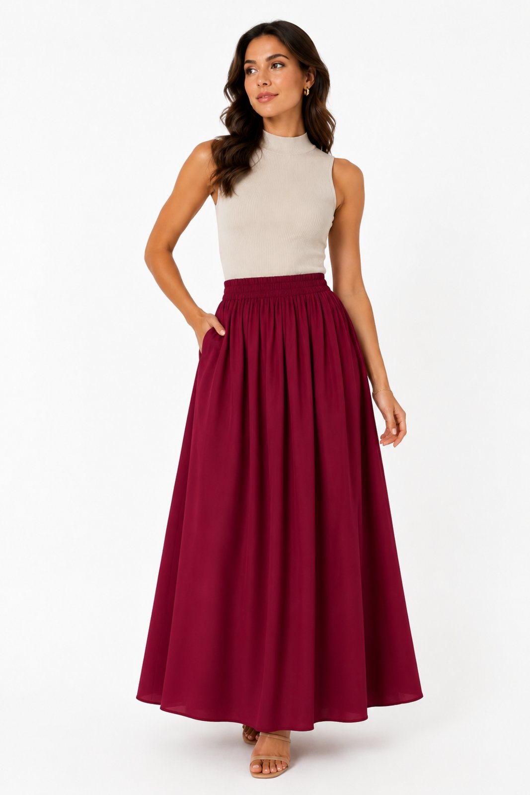 Saia Longa D Bell Outlet Fashion Elegante Com Bolsos Vinho