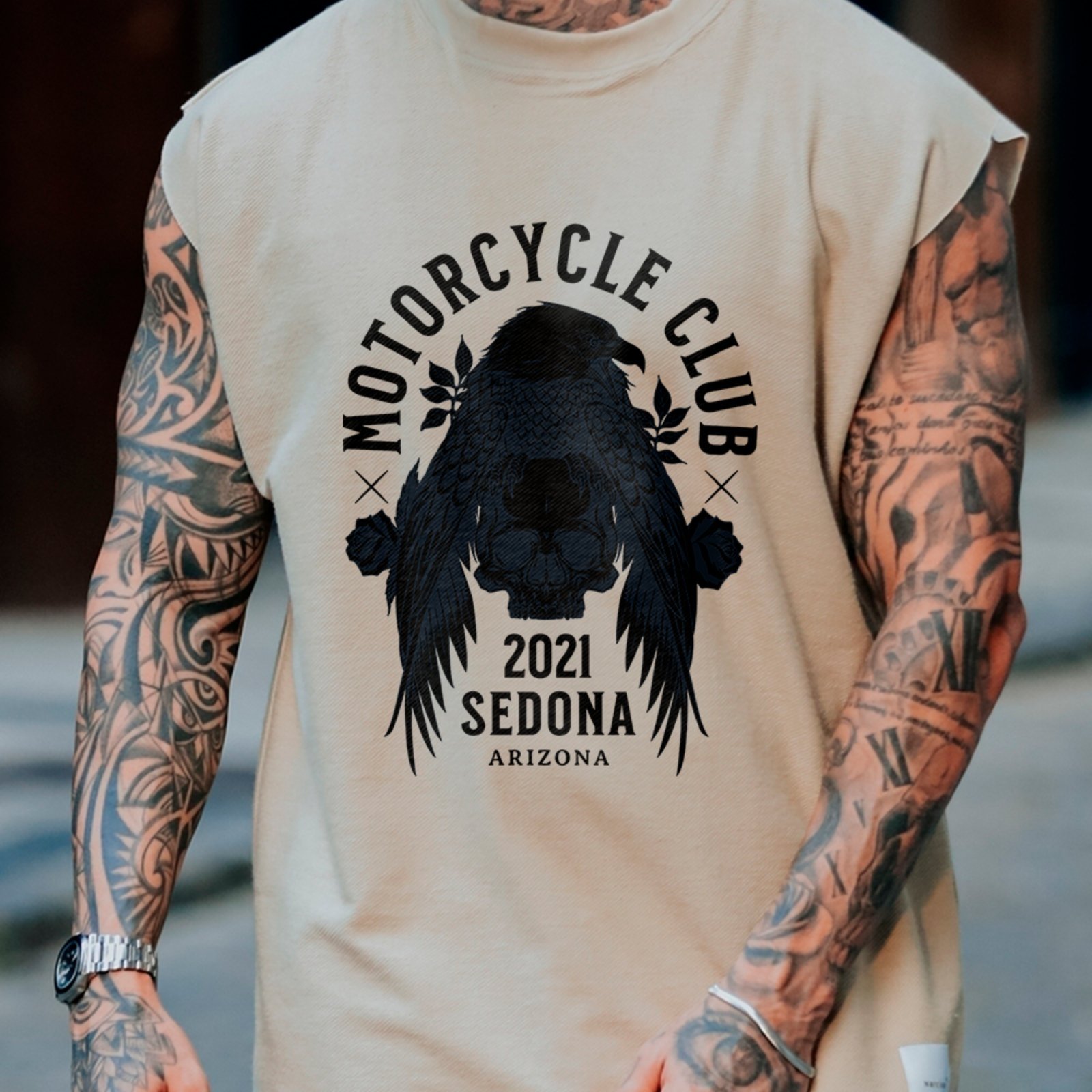 Camiseta Regata Machão Motorcycle Club Águia Skull Arizona Off White