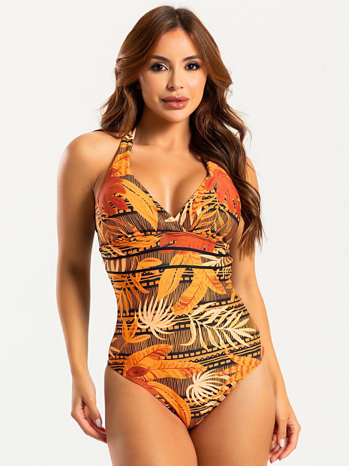 Maiô Frente Única Orla da Praia com Bojo Cortinão Removível Alças Largas Elegante Estampado Laranja