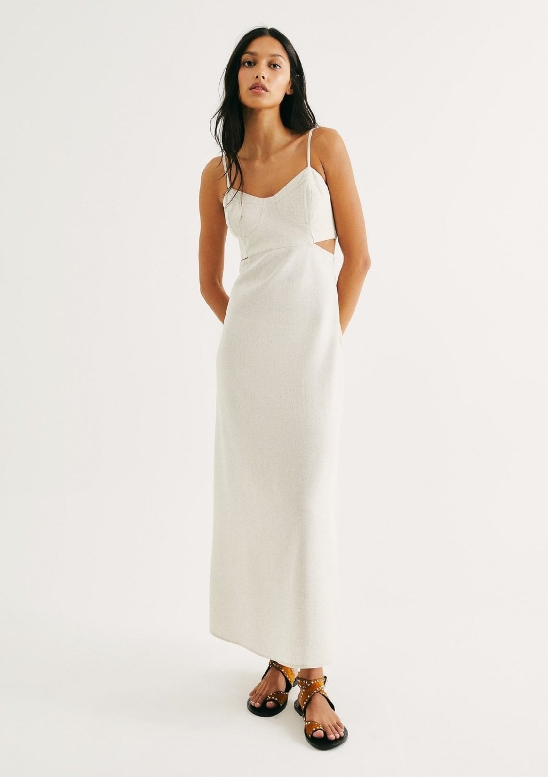Vista 2 Vestido Midi Evasê Com Lastex Em Linho Hering off-white Hering off-white