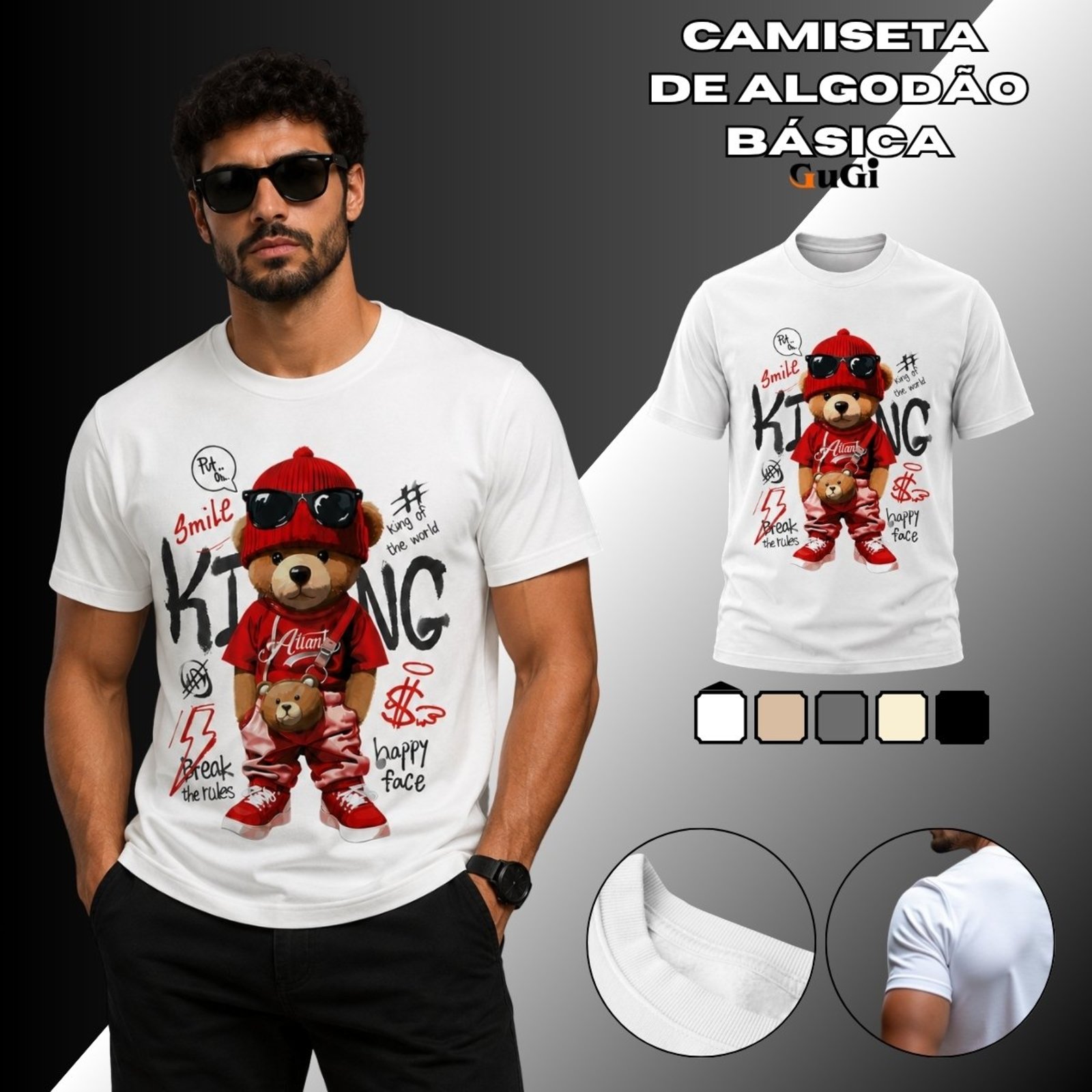 Camiseta Masculina Urso Hip Hop Street 100% Algodão 30.1 Branco