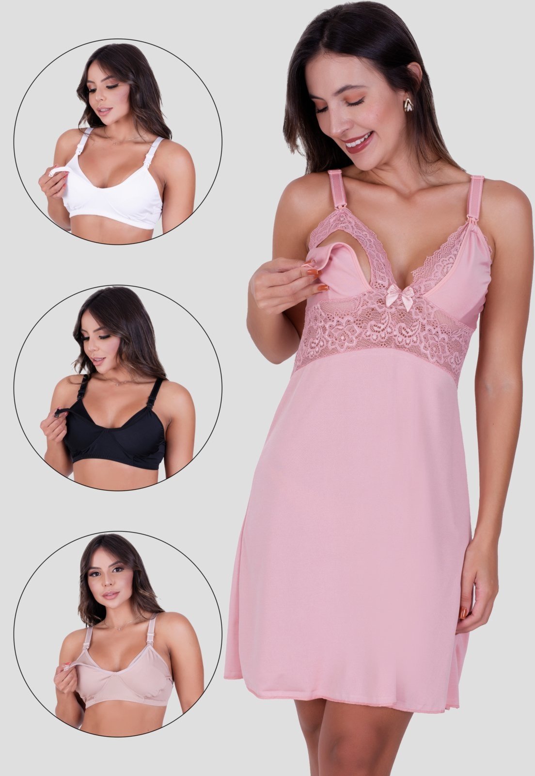 Kit Camisola + 3 Sutiã Amamentação MdMix Maternidade Pós Parto Rosa