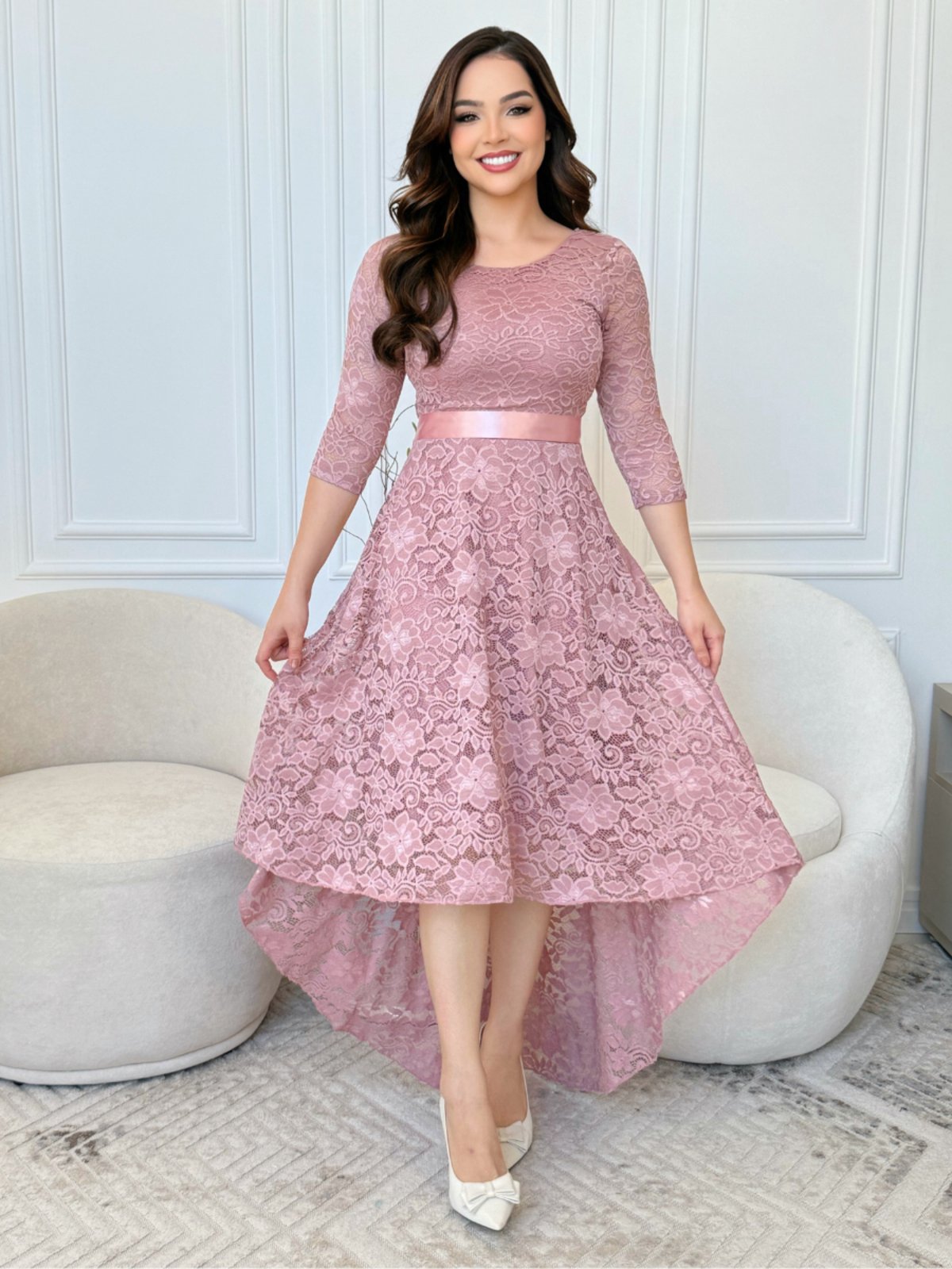 Vestido Mullet Longo para Festa Casamento Madrinha com Faixa Rose