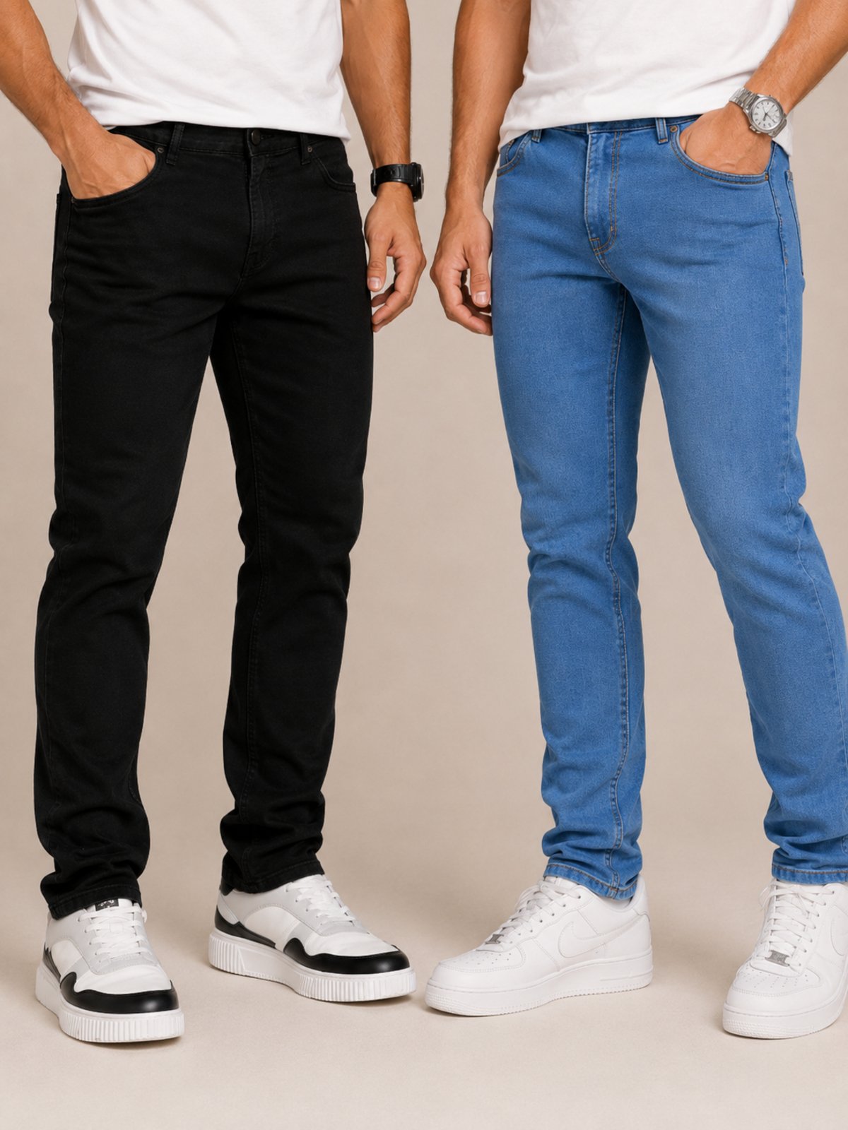 Kit 2 Calças Jeans Masculinas Slim Fit Tex Jeans Conforto Premium Preta+ Delavê