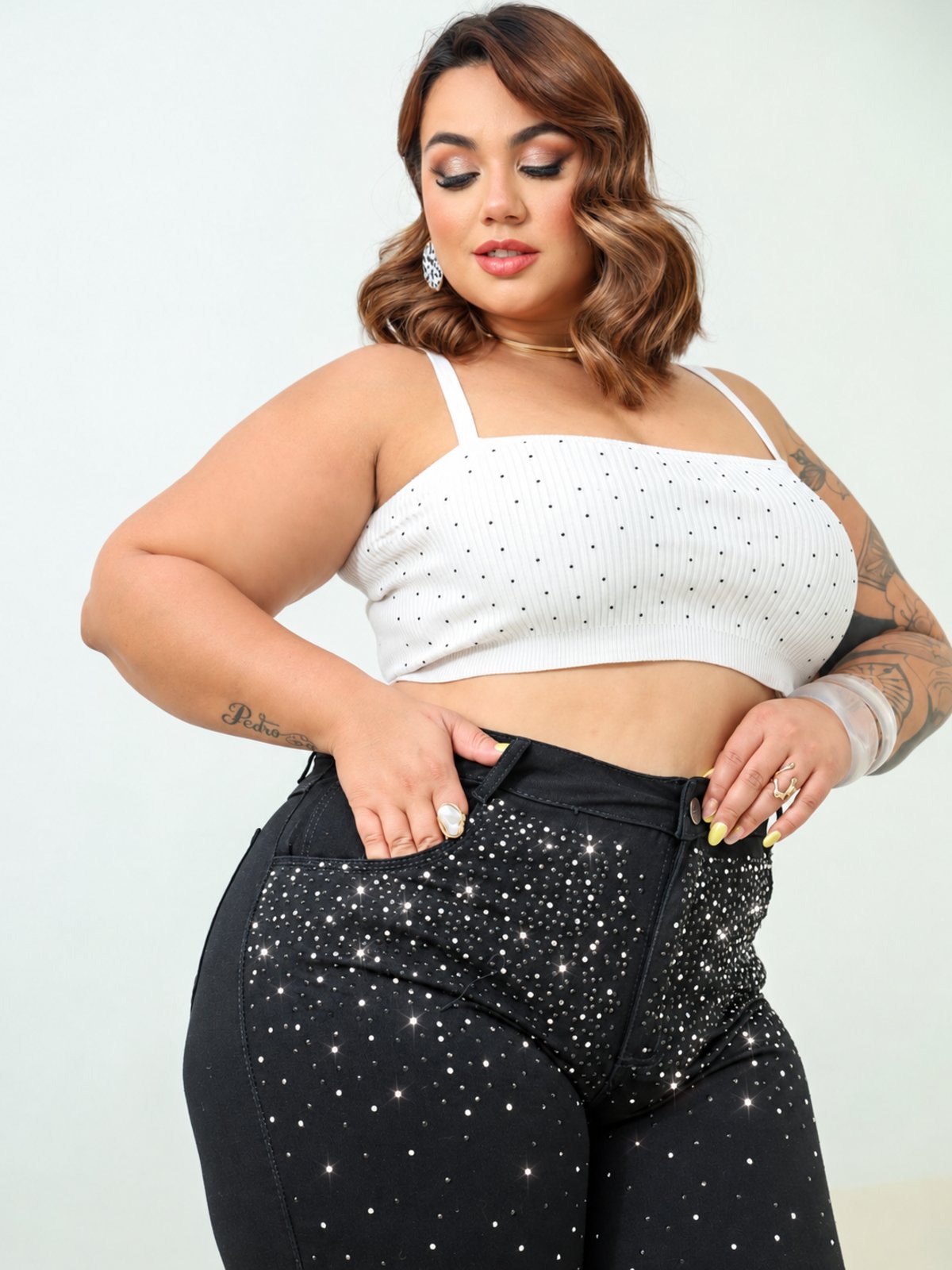 Calça Donna De Paula Wide Leg Preta Com Brilhos Feminina Plus Size Jeans Com Aplicações De Strass Festa