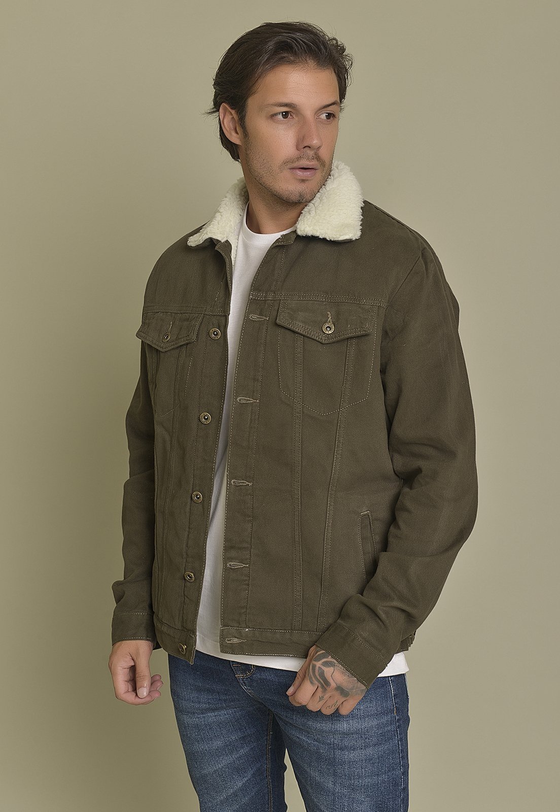 Jaqueta Masculina Trucker Verde Militar Forrada Dialogo