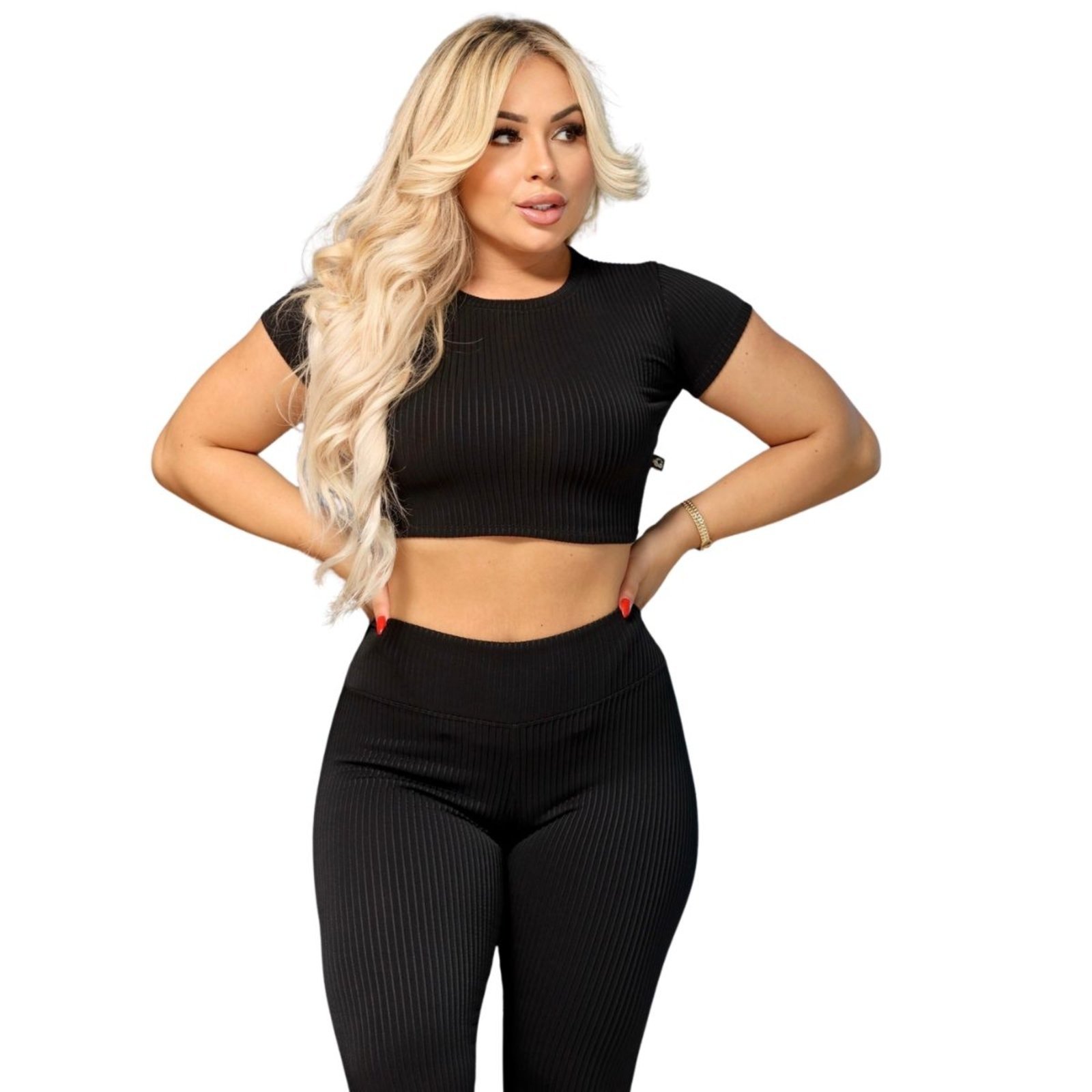Conjunto Vih Triny Legging e Cropd Manguinha Canelado Poliéster Moda Fitness Academia Yoga, Pilates e Hyrox Preto