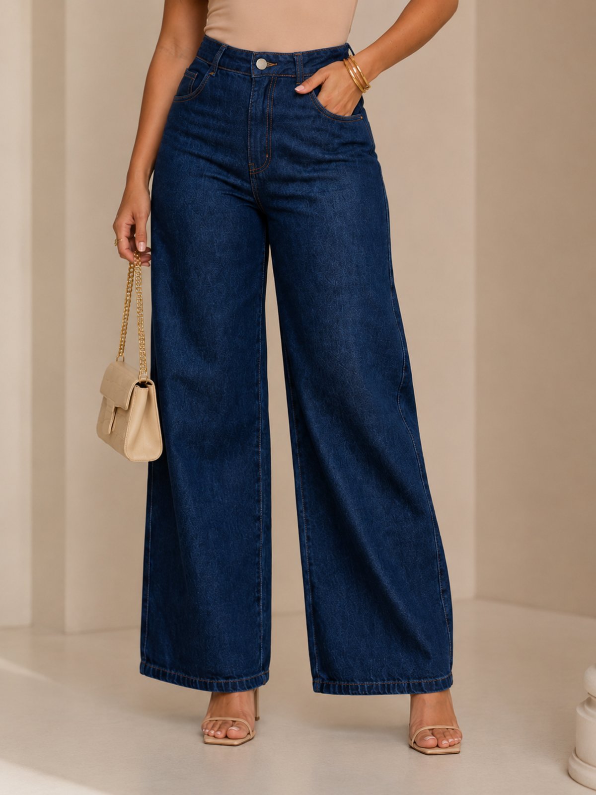 Calça Jeans Wide Leg Feminina Ethereal Cintura Alta Lavagem Escura Premium Confortável