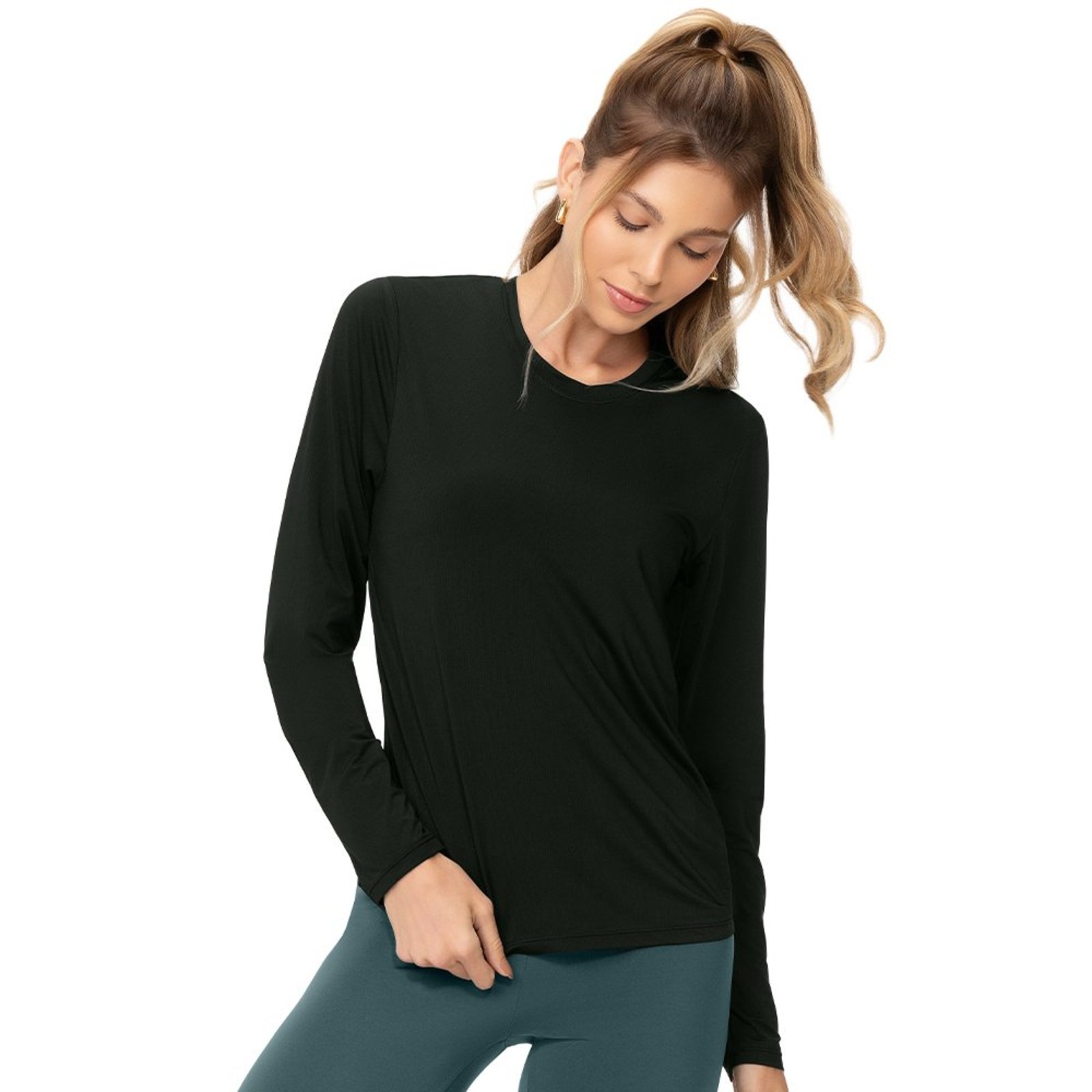 Blusa Fitness Feminina Manga Longa Proteção UV Preto