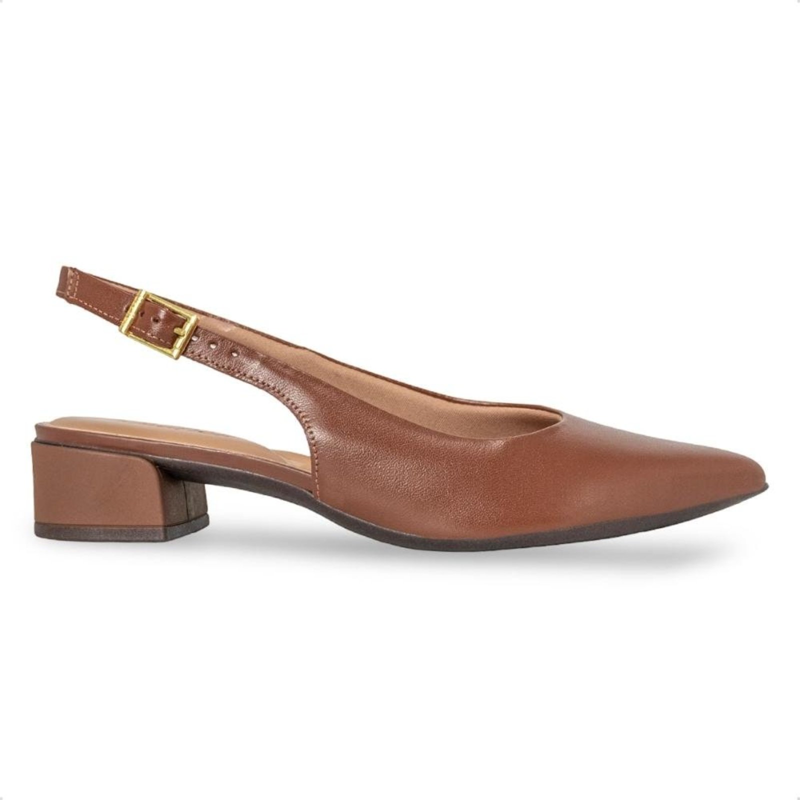 Scarpin Slingback Usaflex Feminino Salto Bloco Couro Bico Fino Casual UD27001 Marrom