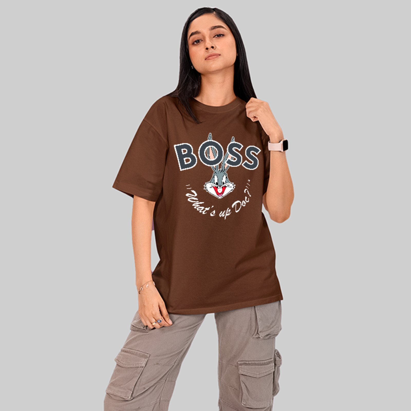 Camiseta Oversized Boss Pernalonga Funny Estilo Cartoon Geek Marrom